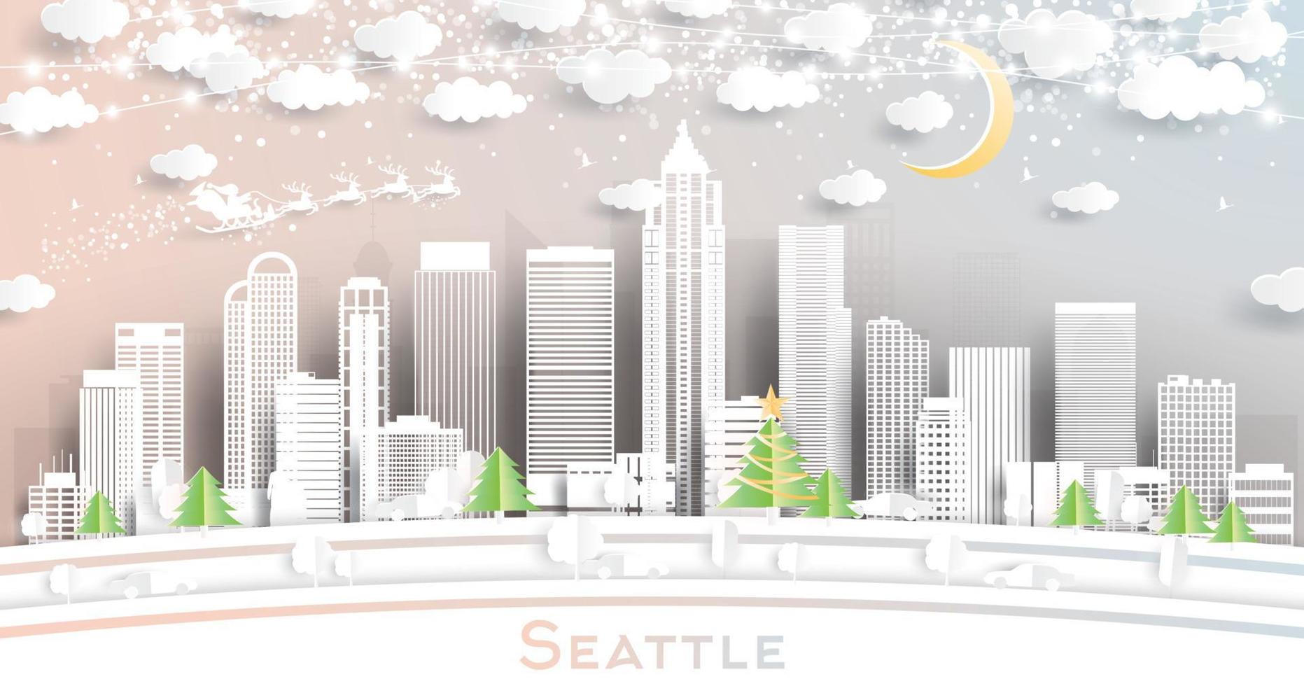 horizonte de la ciudad de seattle washington usa en estilo de corte de papel con copos de nieve, luna y guirnalda de neón. vector