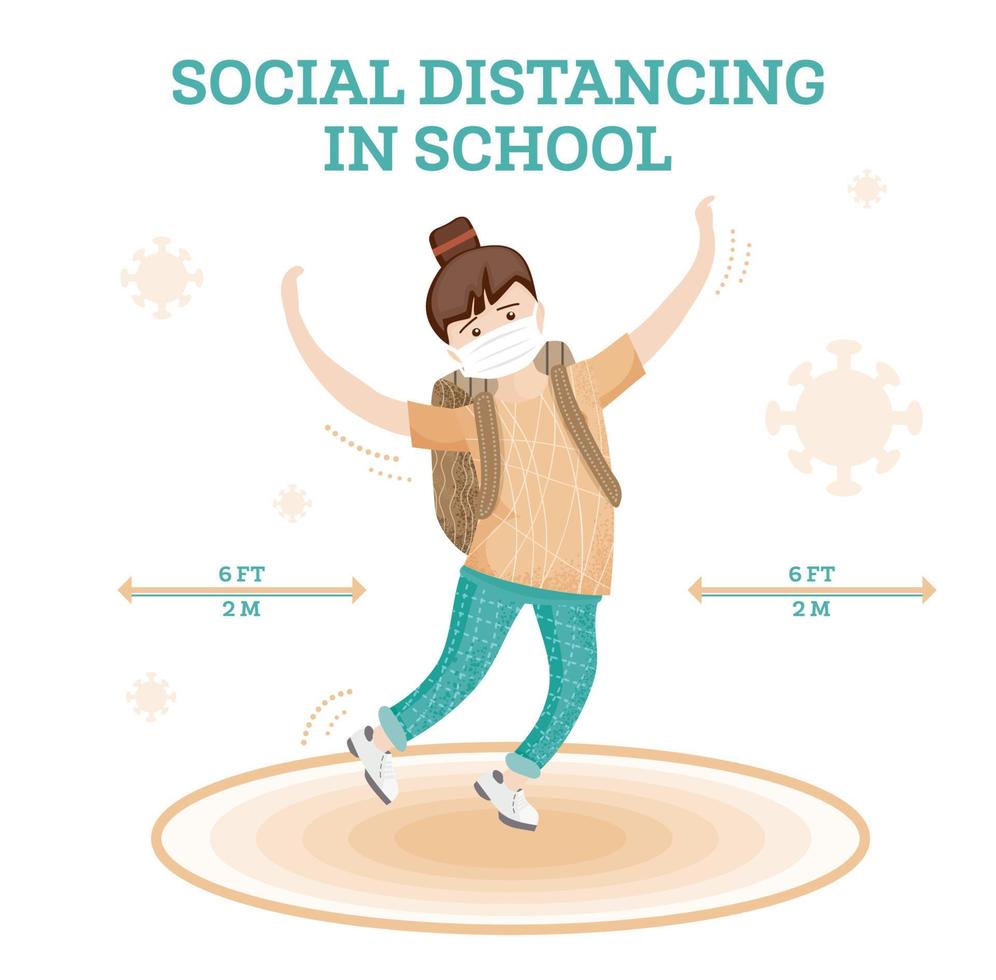 Social Distancing in School. Young Girl Jumping Alone. New Normal Lifestyle Concept. vector