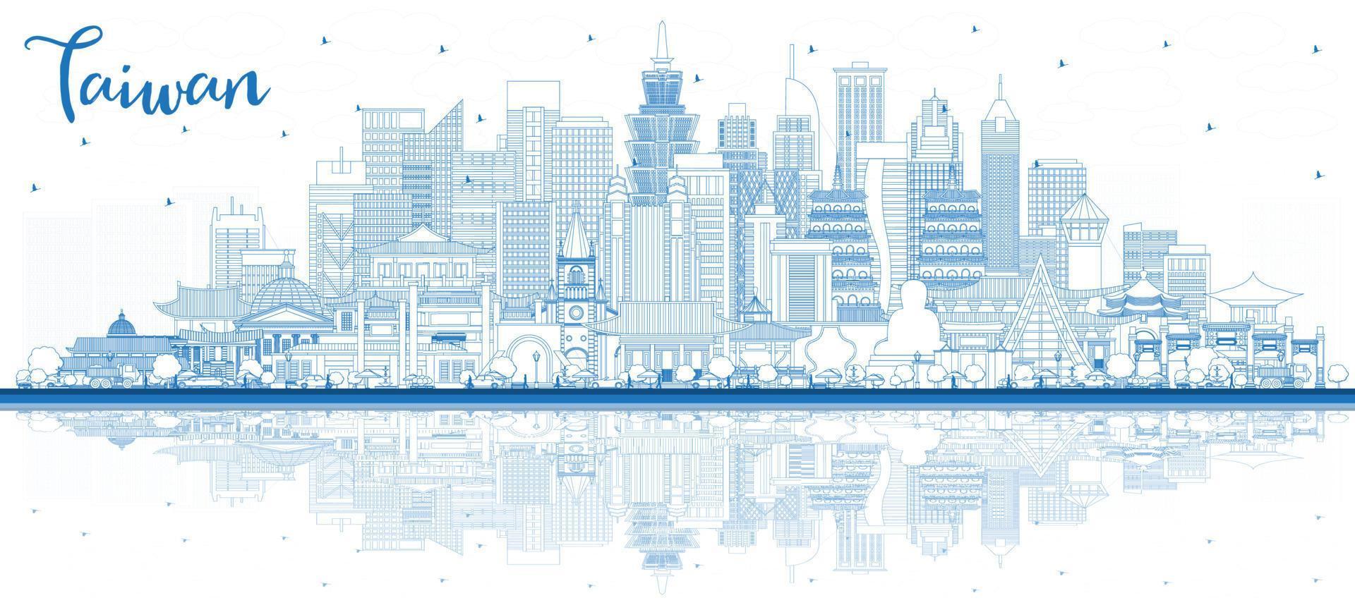 Outline Taiwan City Skyline with Blue Buildings and Reflections. vector