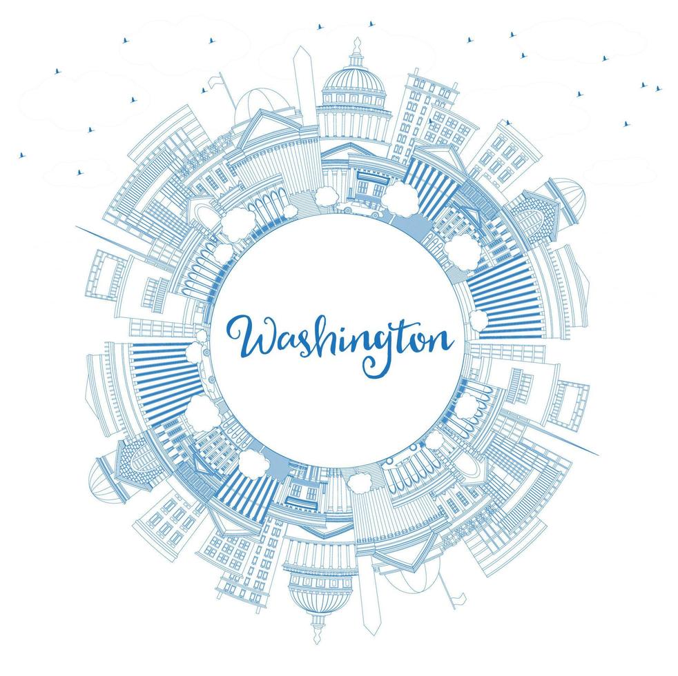 Outline Washington DC USA City Skyline with Blue Buildings and Copy Space. vector