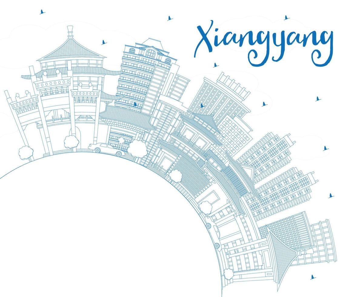 Outline Xiangyang China City Skyline with Blue Buildings and Copy Space. vector