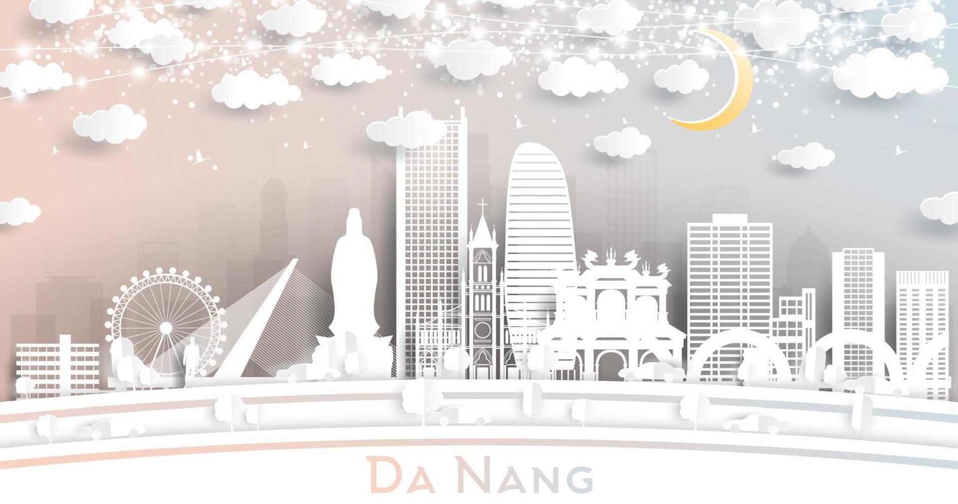 Da Nang Vietnam City Skyline in Paper Cut Style with White Buildings, Moon and Neon Garland. vector