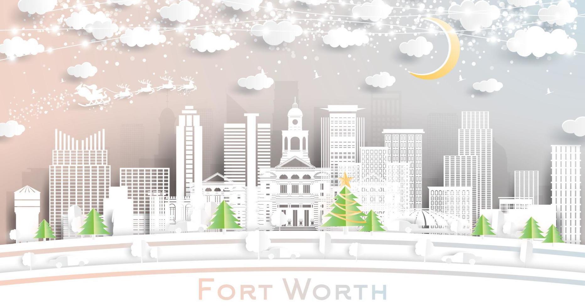 el horizonte de la ciudad de Fort Worth Texas en estilo de corte de papel con copos de nieve, luna y guirnaldas de neón. vector