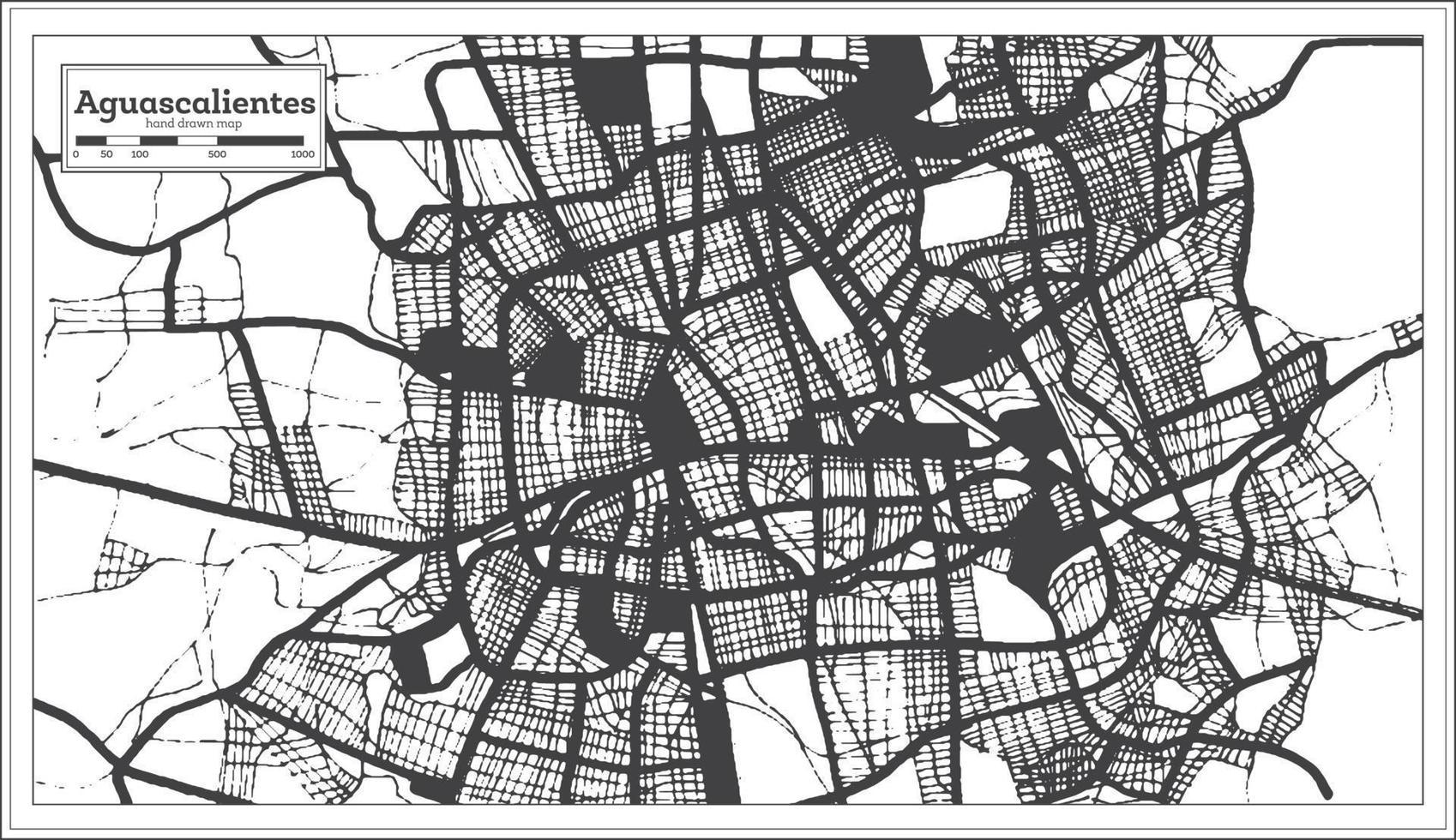 aguascalientes mapa de la ciudad de méxico en color blanco y negro en estilo retro. esquema del mapa. vector