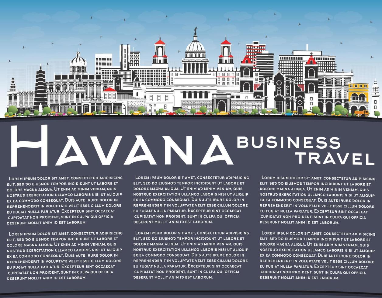 Havana Cuba City Skyline with Color Buildings, Blue Sky and Copy Space. vector