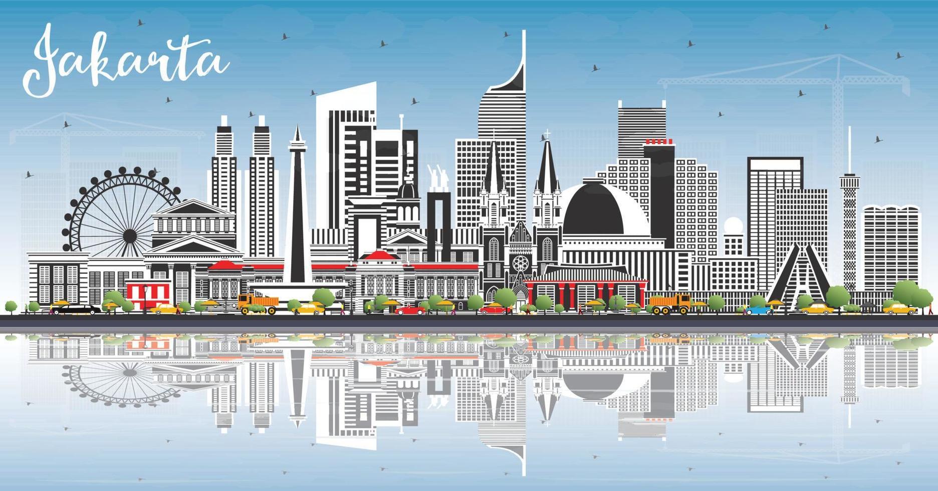 Jakarta Indonesia City Skyline with Gray Buildings, Blue Sky and Reflections. vector