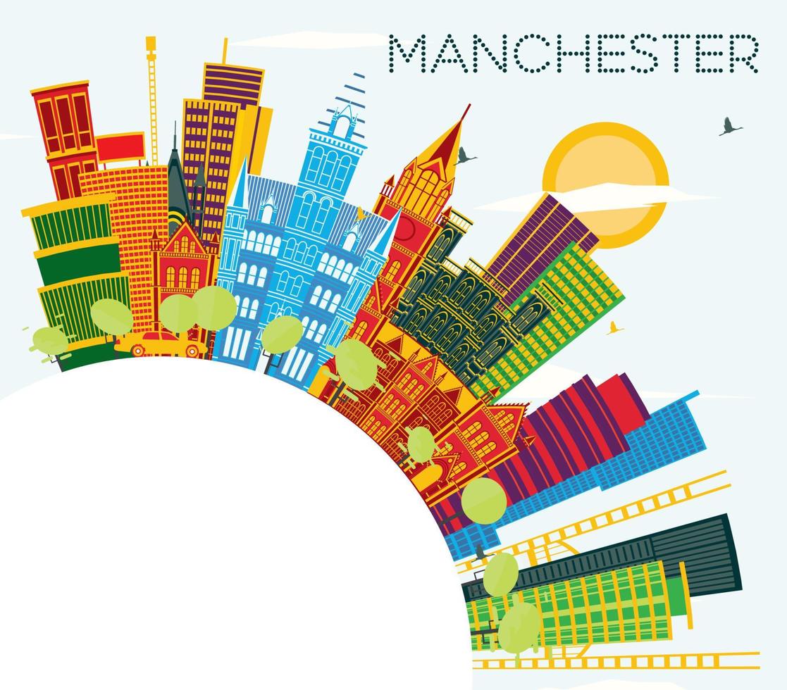 horizonte de manchester con edificios de color, cielo azul y espacio de copia. vector