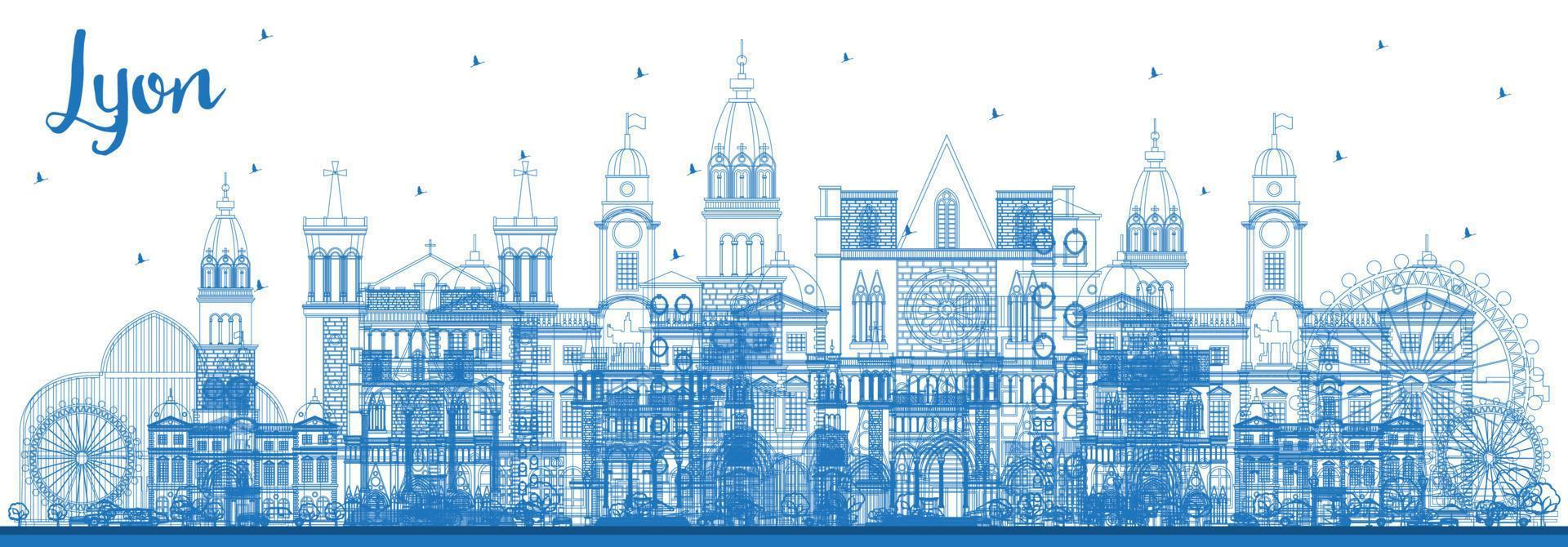 delinear el horizonte de la ciudad de lyon francia con edificios azules. vector