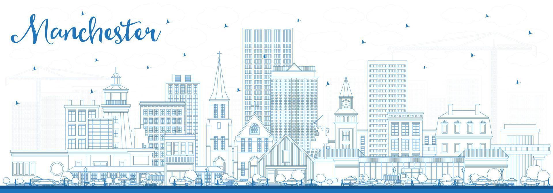 delinear el horizonte de la ciudad de manchester new hampshire con edificios azules. vector