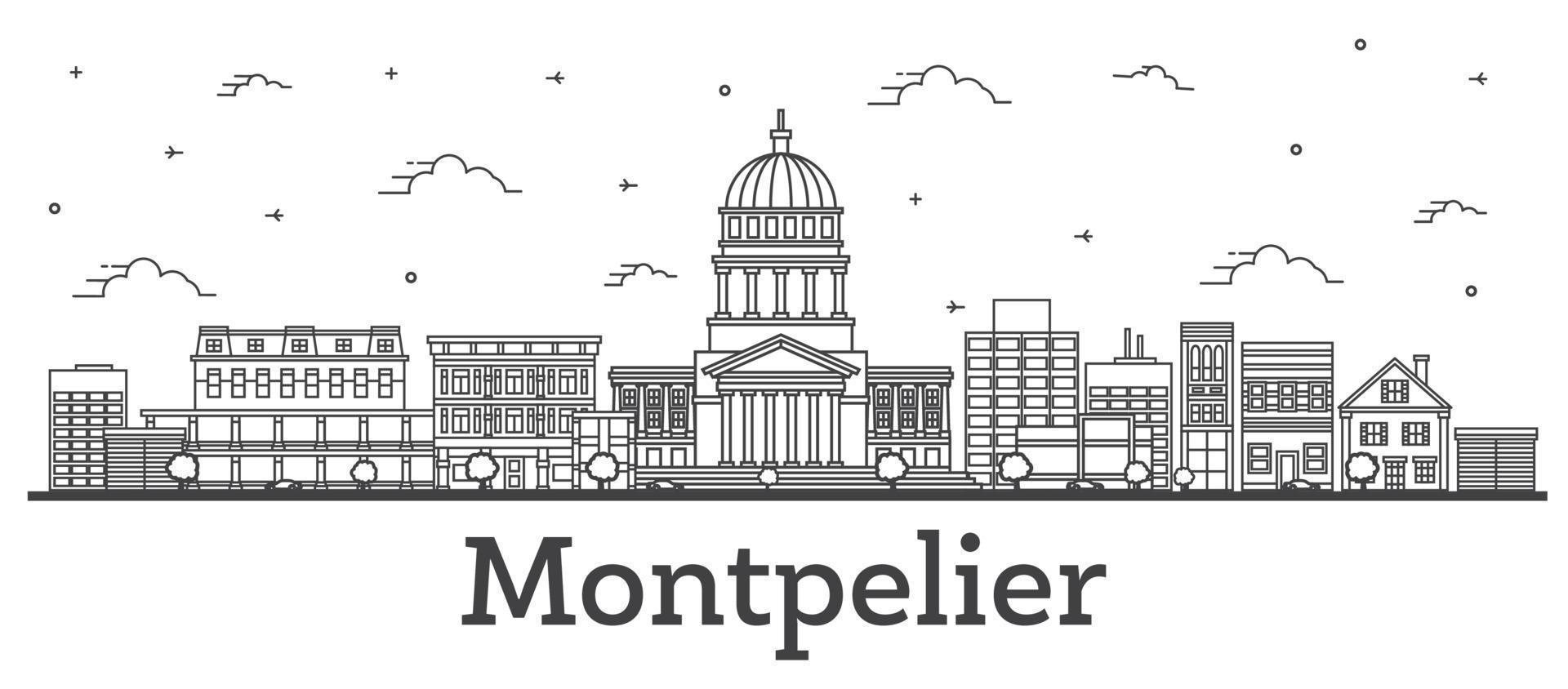 delinear el horizonte de la ciudad de montpelier vermont con edificios modernos aislados en blanco. vector