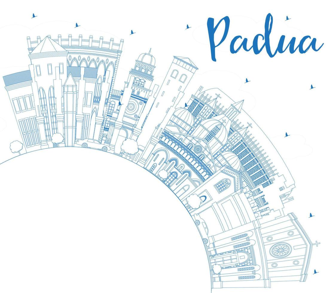 delinear el horizonte de la ciudad de padua italia con edificios azules y espacio de copia. vector