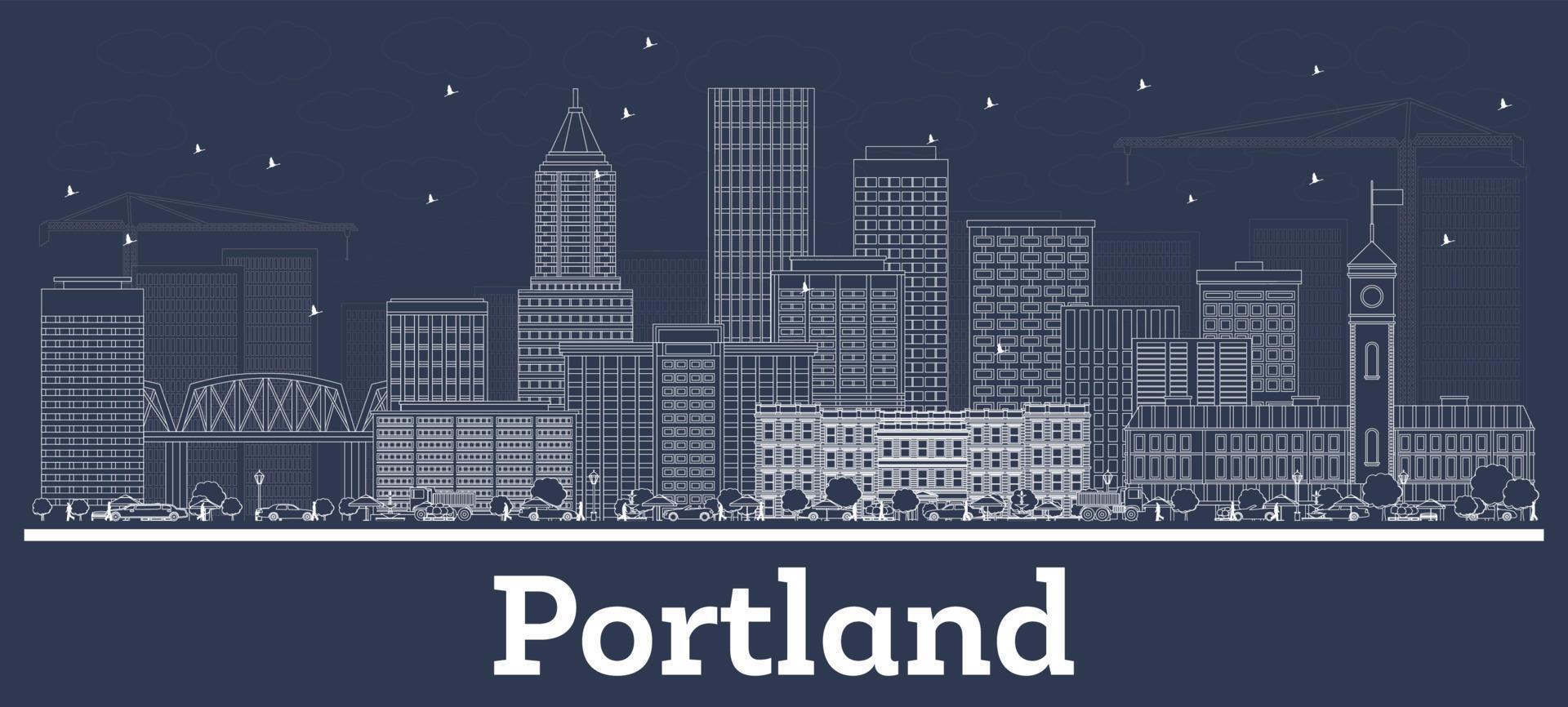 Outline Portland Oregon City Skyline with White Buildings. vector