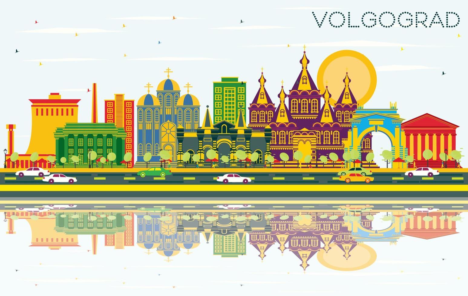 horizonte de la ciudad de volgogrado rusia con edificios de color, cielo azul y reflejos. vector