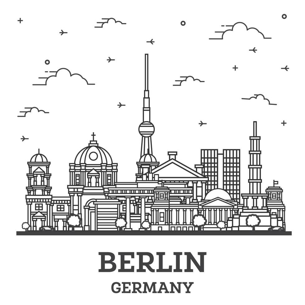 delinear el horizonte de la ciudad de berlín alemania con edificios históricos aislados en blanco. vector