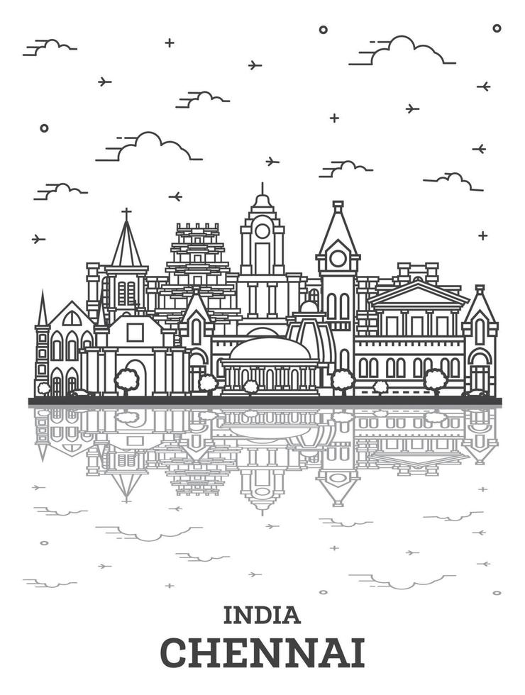 delinear el horizonte de la ciudad de chennai india con edificios históricos y reflejos aislados en blanco. vector