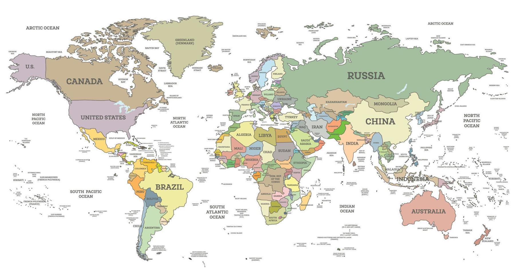 mapa detallado del mundo con fronteras y países aislados en blanco. vector