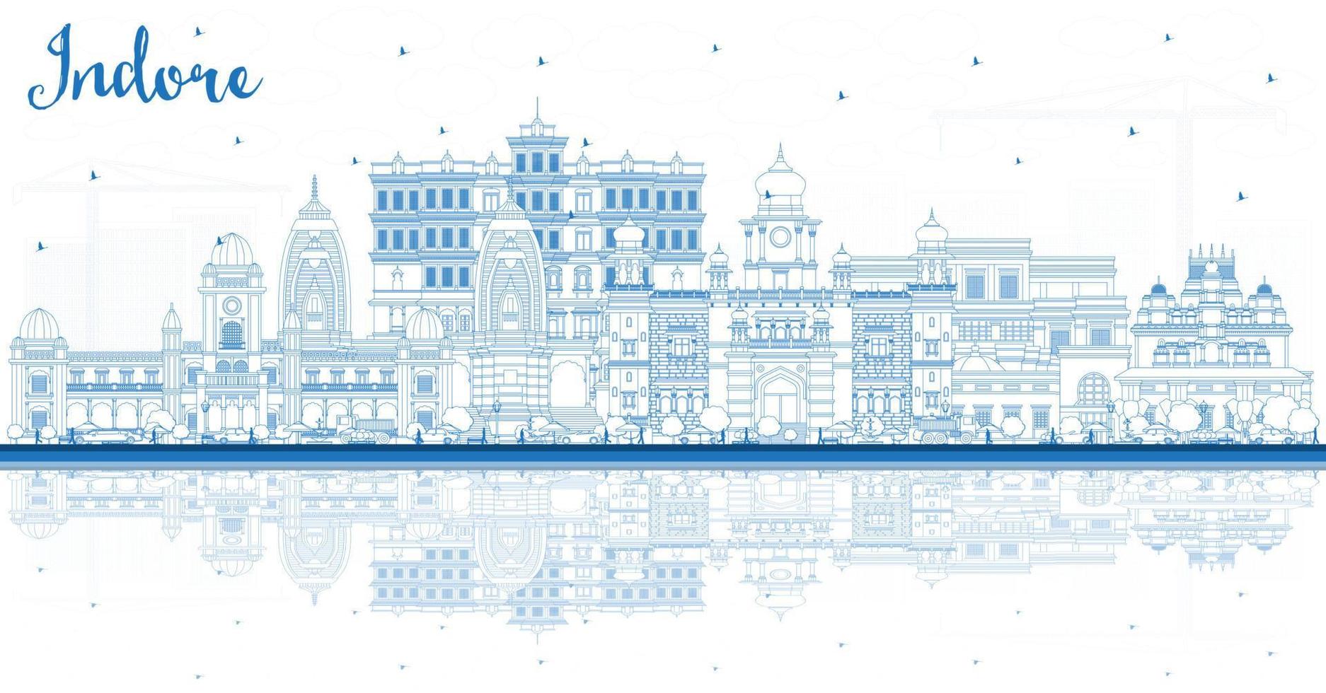 Outline Indore India City Skyline with Blue Buildings and Reflections. vector