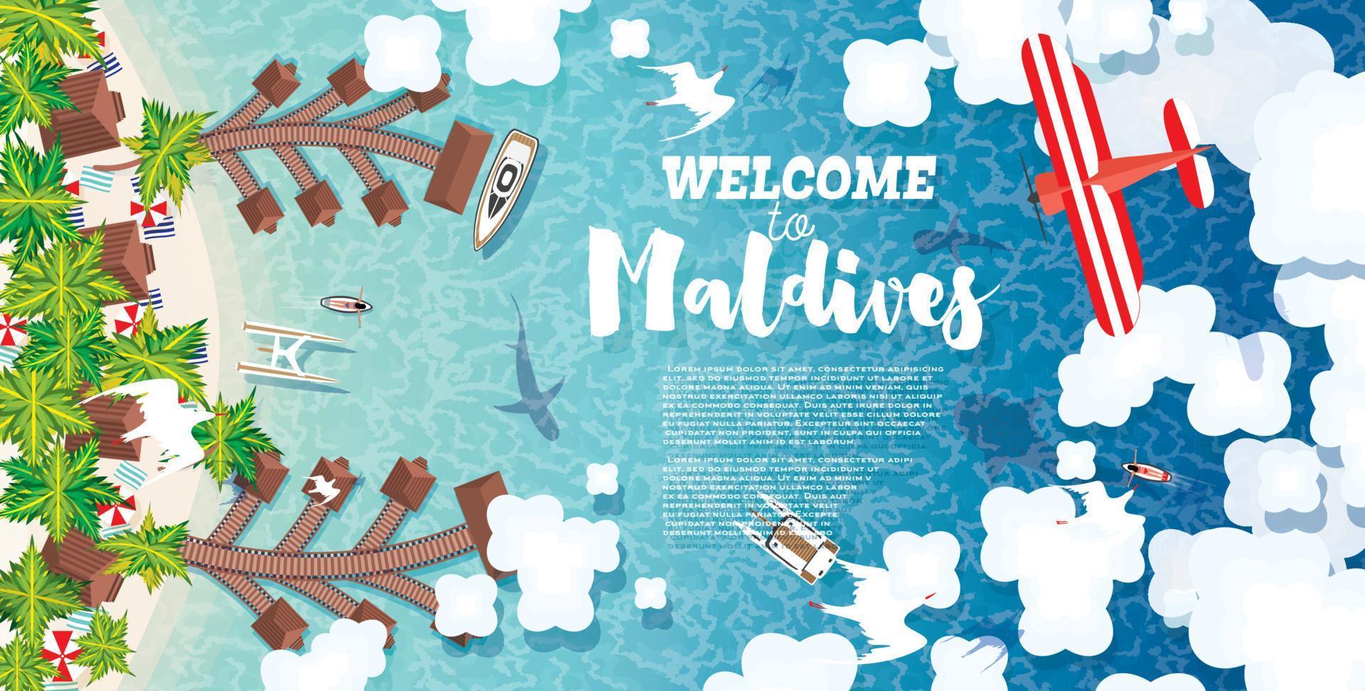 playa de maldivas en la isla. fondo de verano con playa tropical, palmeras, hotel, nubes y avión. vector