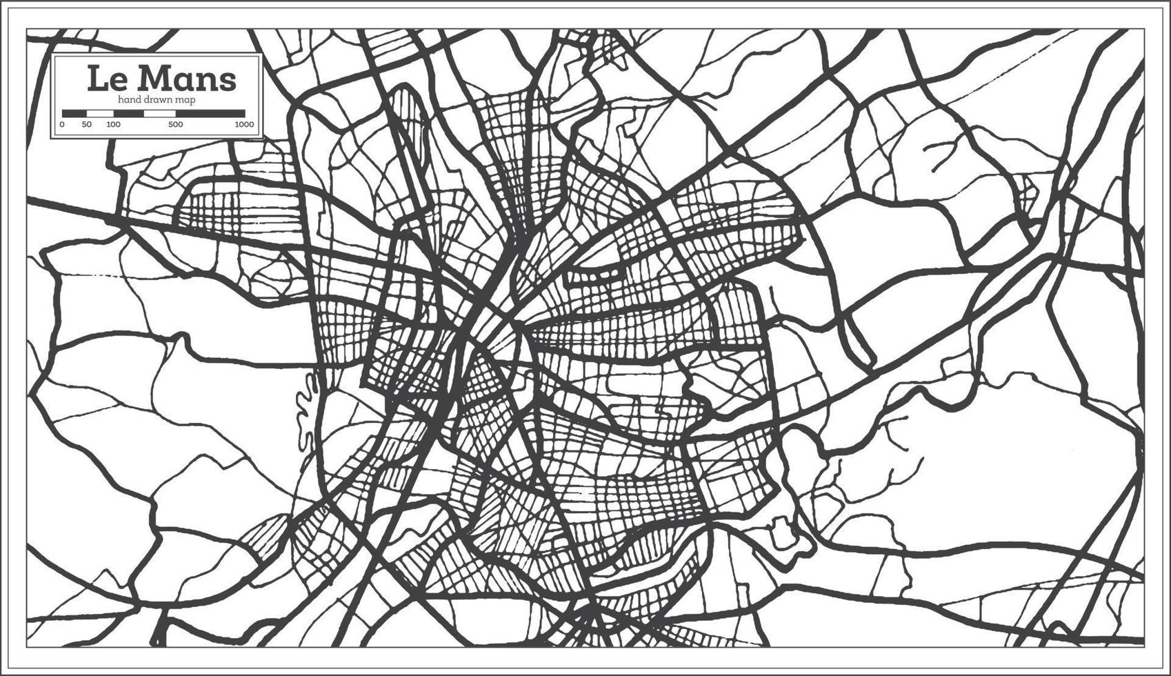 Le Mans France Map in Black and White Color. vector