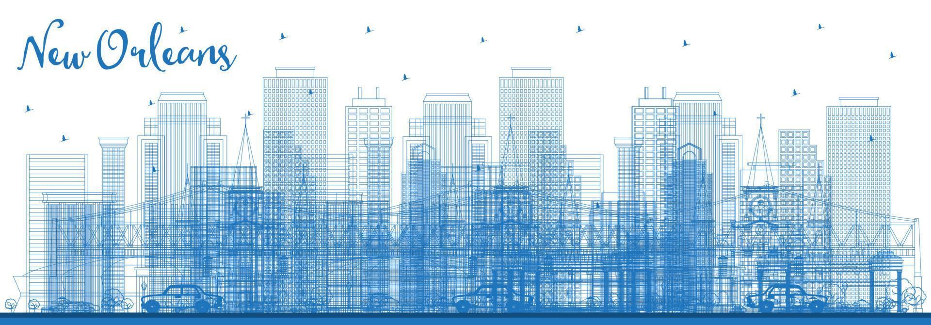 Outline New Orleans Louisiana City Skyline with Blue Buildings. vector