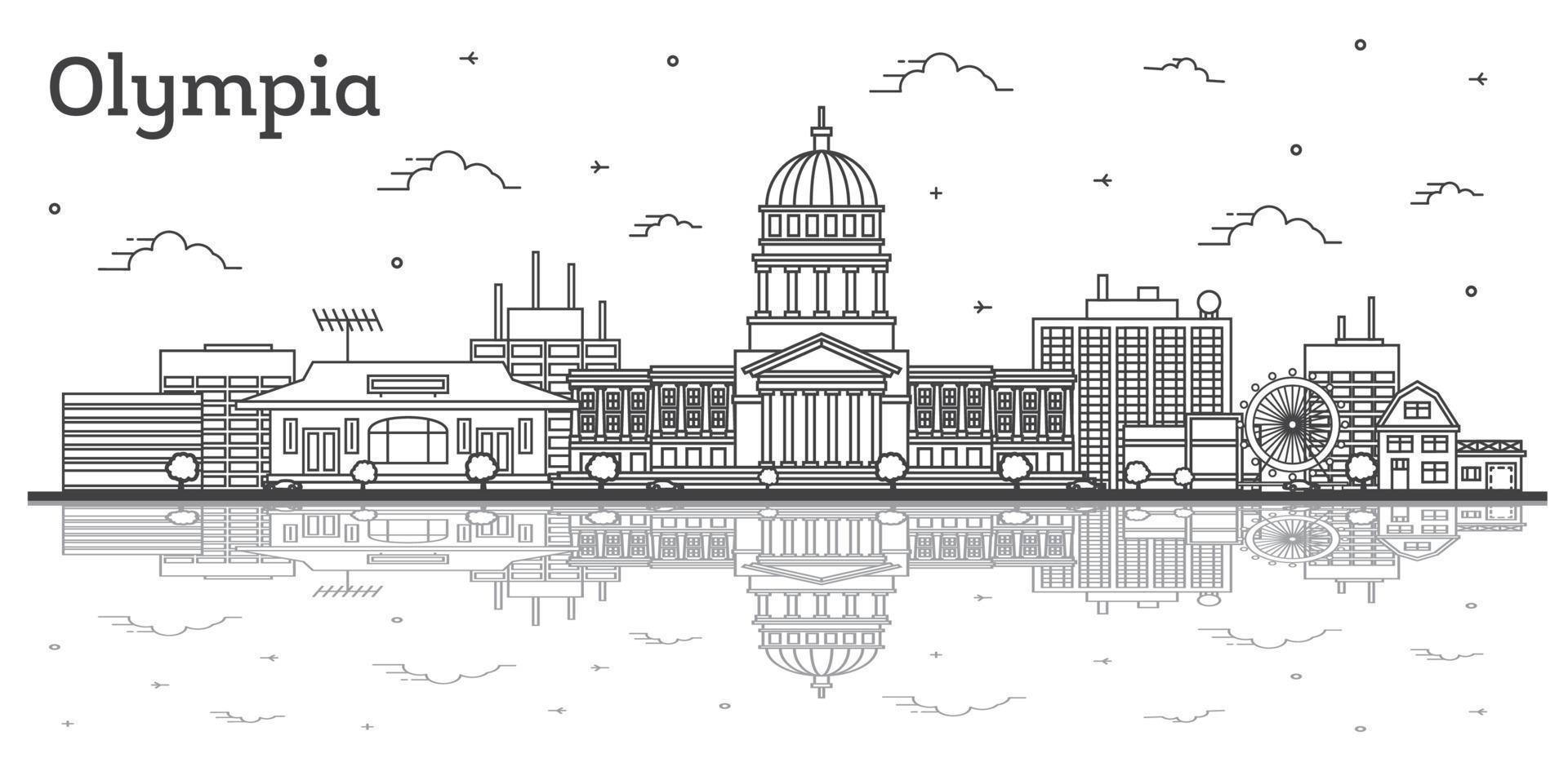 delinear el horizonte de la ciudad de olympia washington con edificios modernos y reflejos aislados en blanco. vector