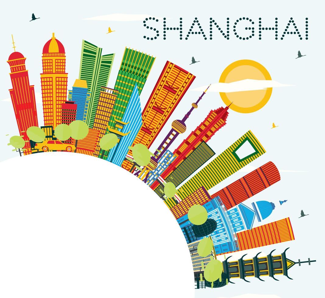 Shanghai China City Skyline with Color Buildings, Blue Sky and Copy Space. vector