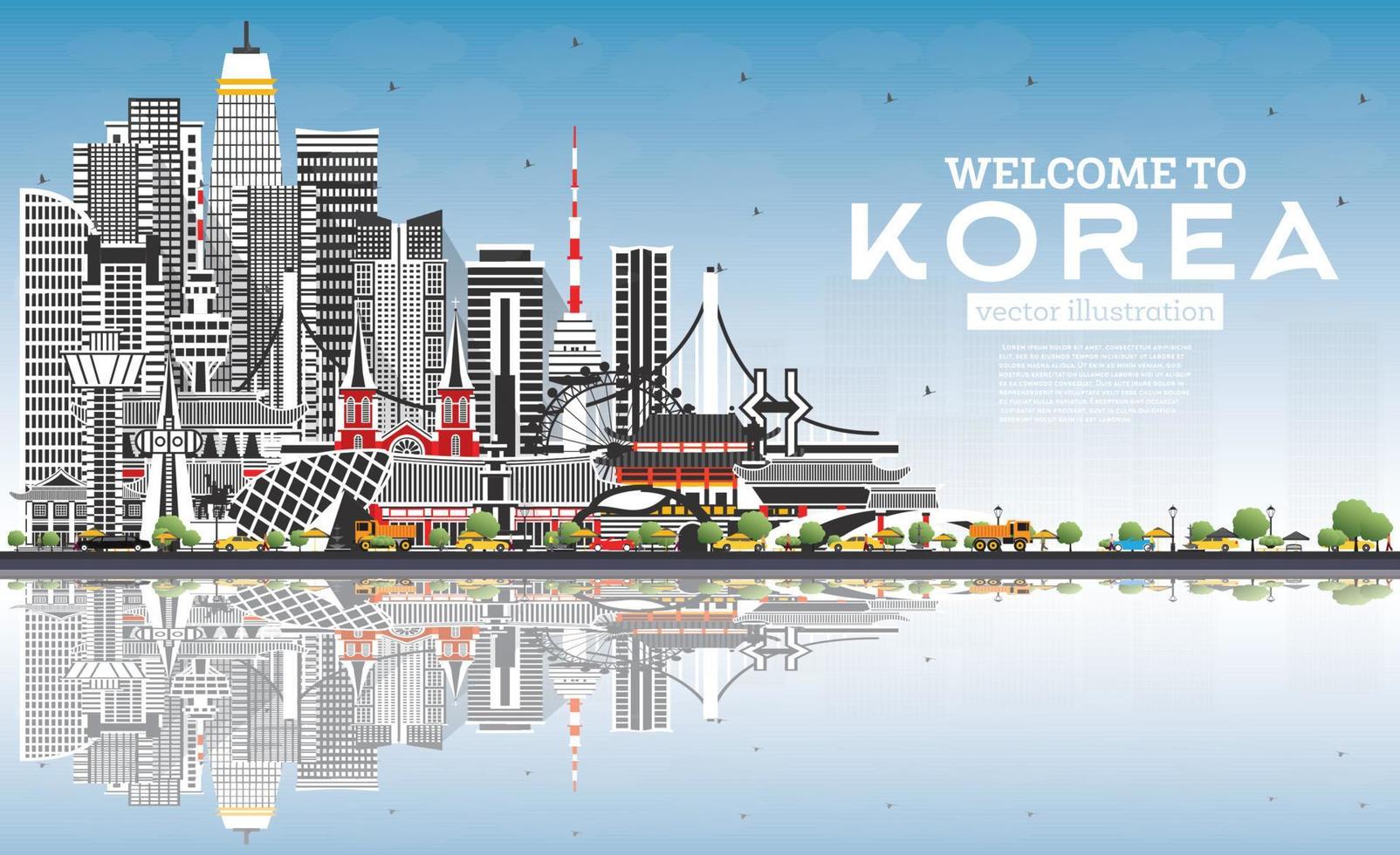 bienvenido al horizonte de la ciudad de corea del sur con edificios grises, cielo azul y reflejos. vector