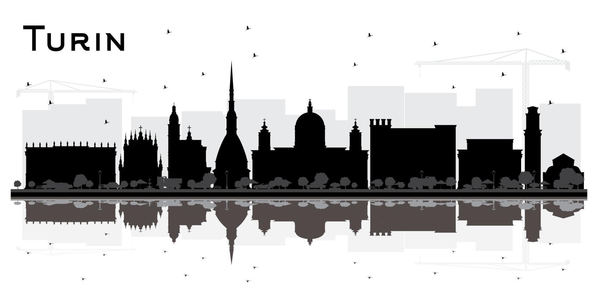 Turin Italy City Skyline Silhouette with Black Buildings and Reflections Isolated on White. vector