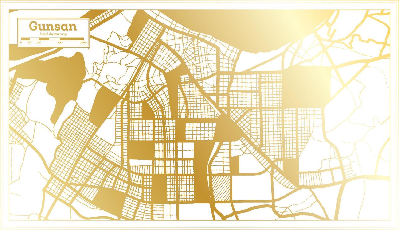 mapa de la ciudad de gunsan corea del sur en estilo retro en color dorado. esquema del mapa. vector