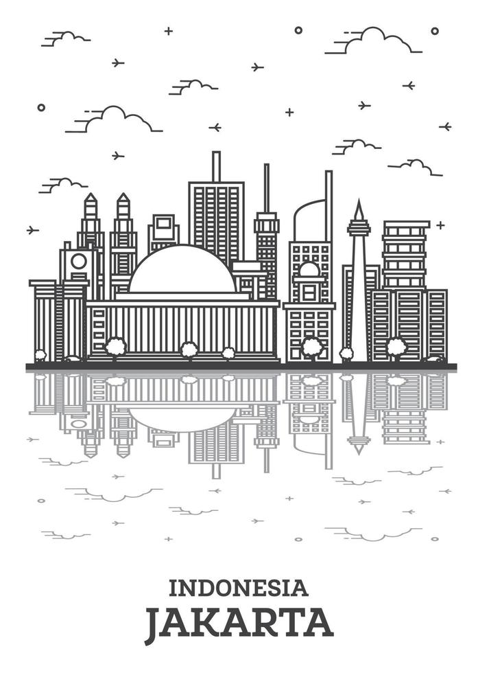 delinear el horizonte de la ciudad de Yakarta Indonesia con edificios modernos y reflejos aislados en blanco. vector