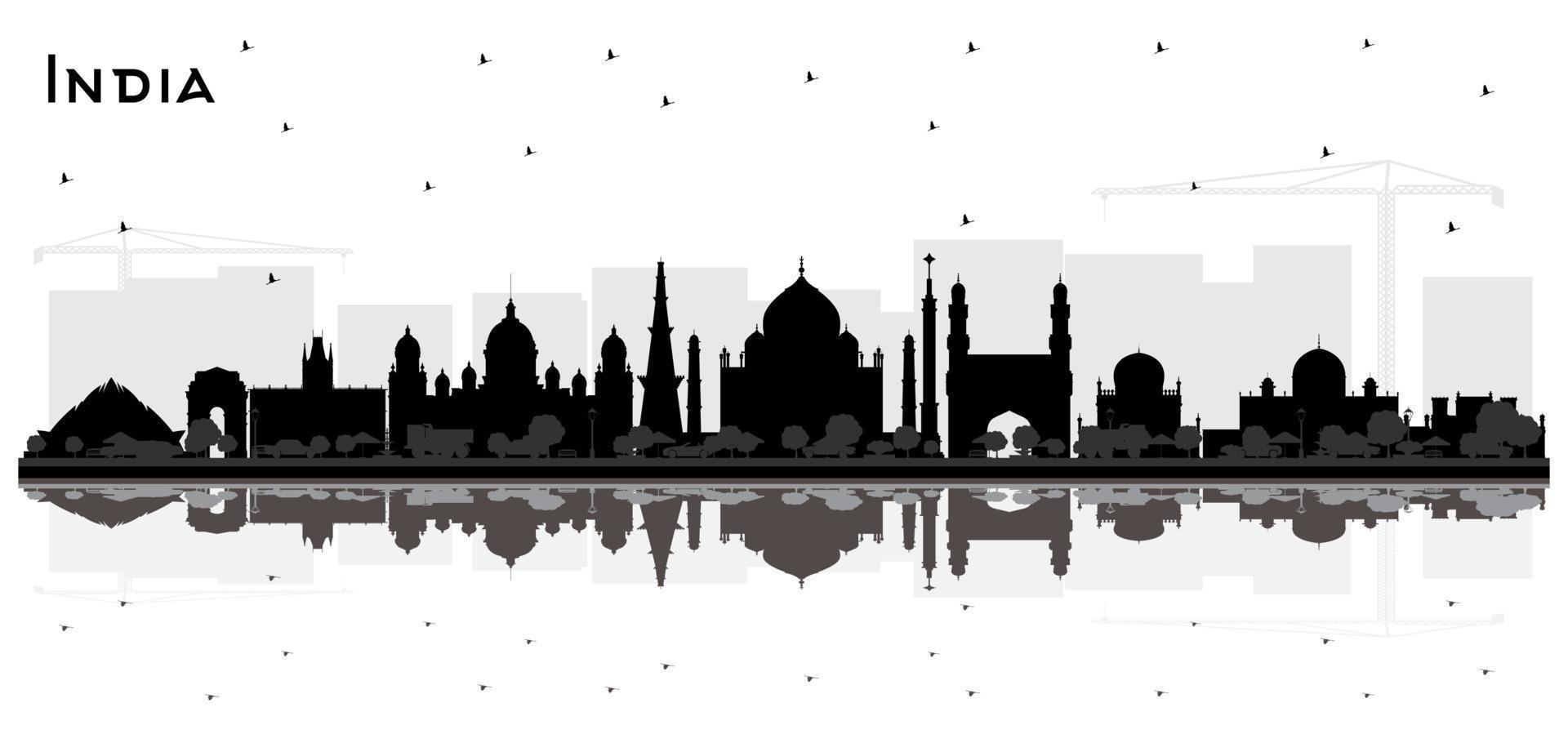 India City Skyline Silhouette with Black Buildings and Reflections Isolated on White. vector