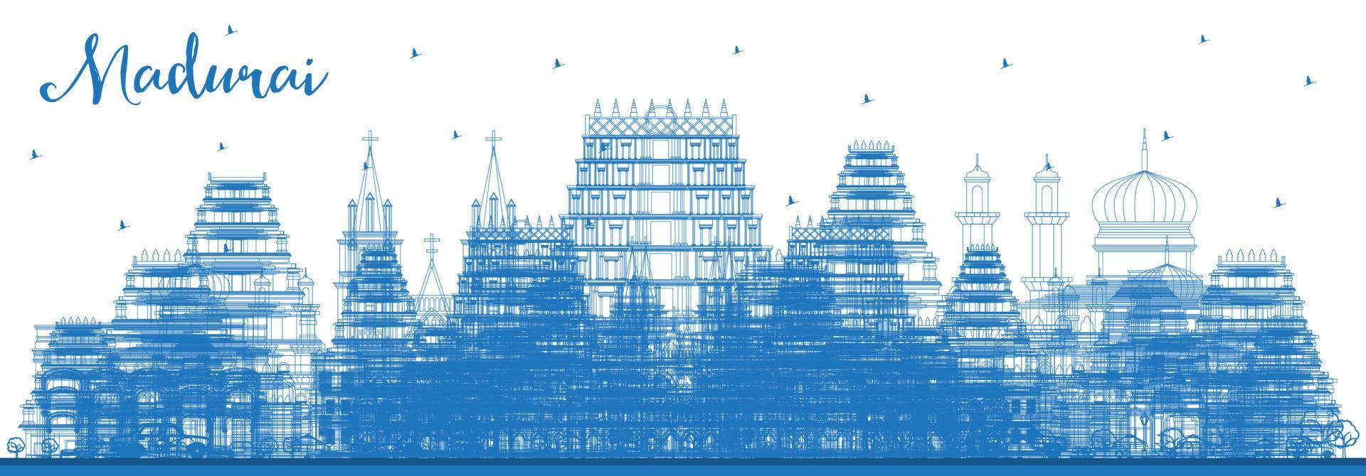 delinear el horizonte de la ciudad de madurai india con edificios azules. vector