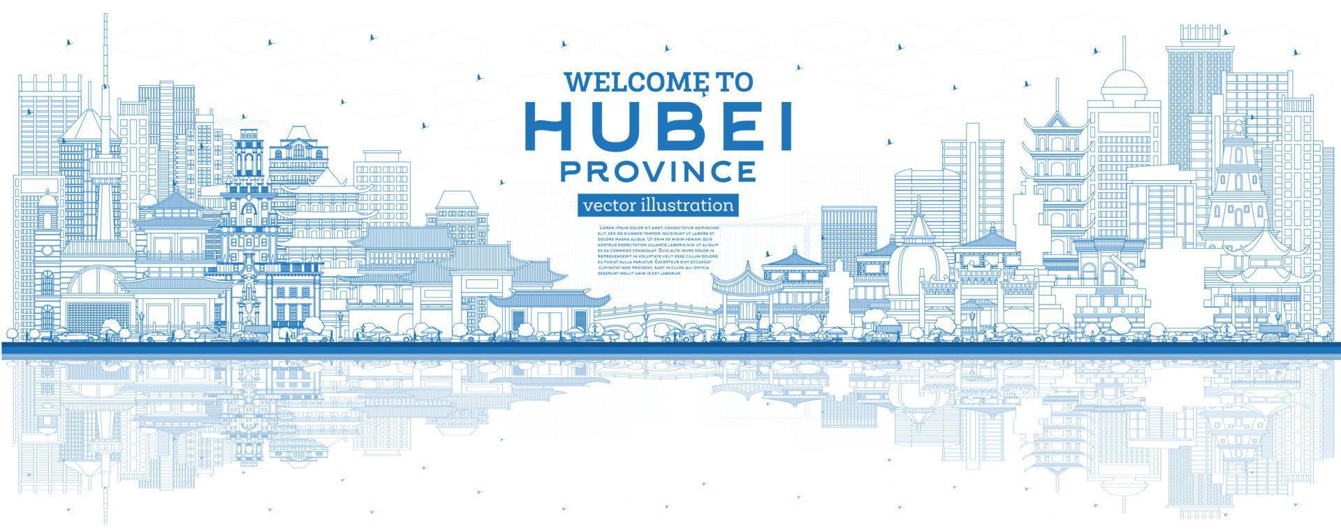 bienvenido a la provincia de hubei en china. delinear el horizonte de la ciudad con edificios azules y reflejos. vector