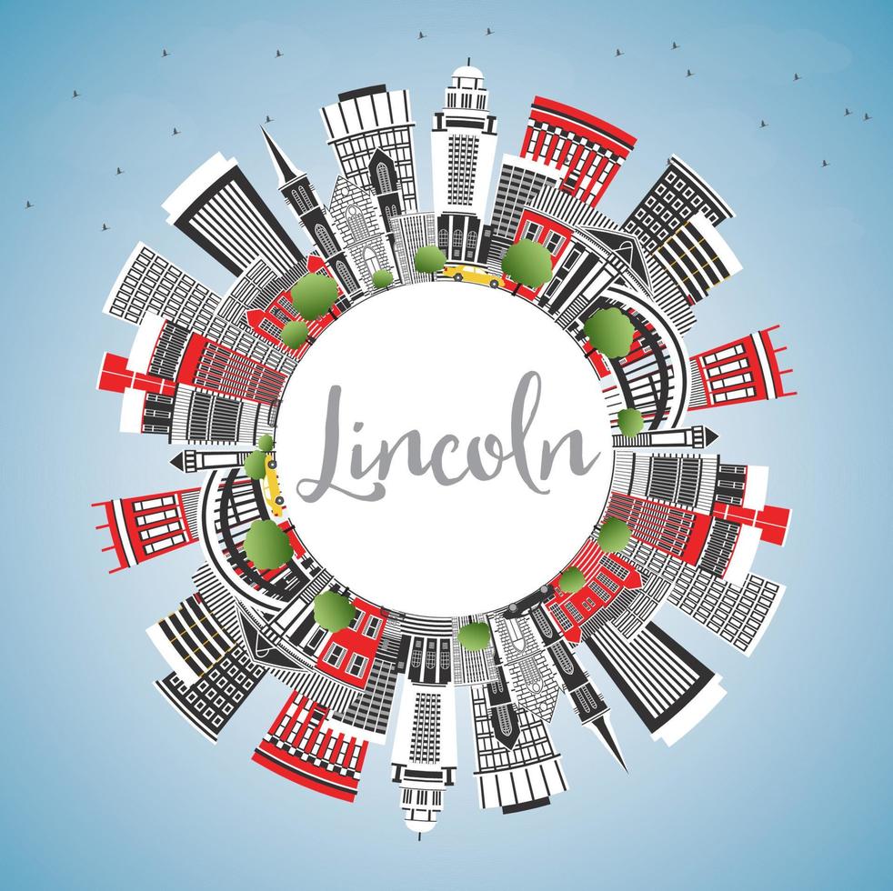 Lincoln Nebraska City Skyline with Color Buildings, Blue Sky and Copy Space. vector