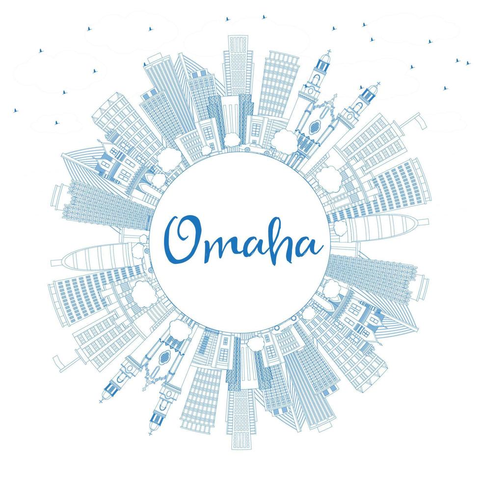 delinee el horizonte de la ciudad de omaha nebraska con edificios azules y copie el espacio. vector