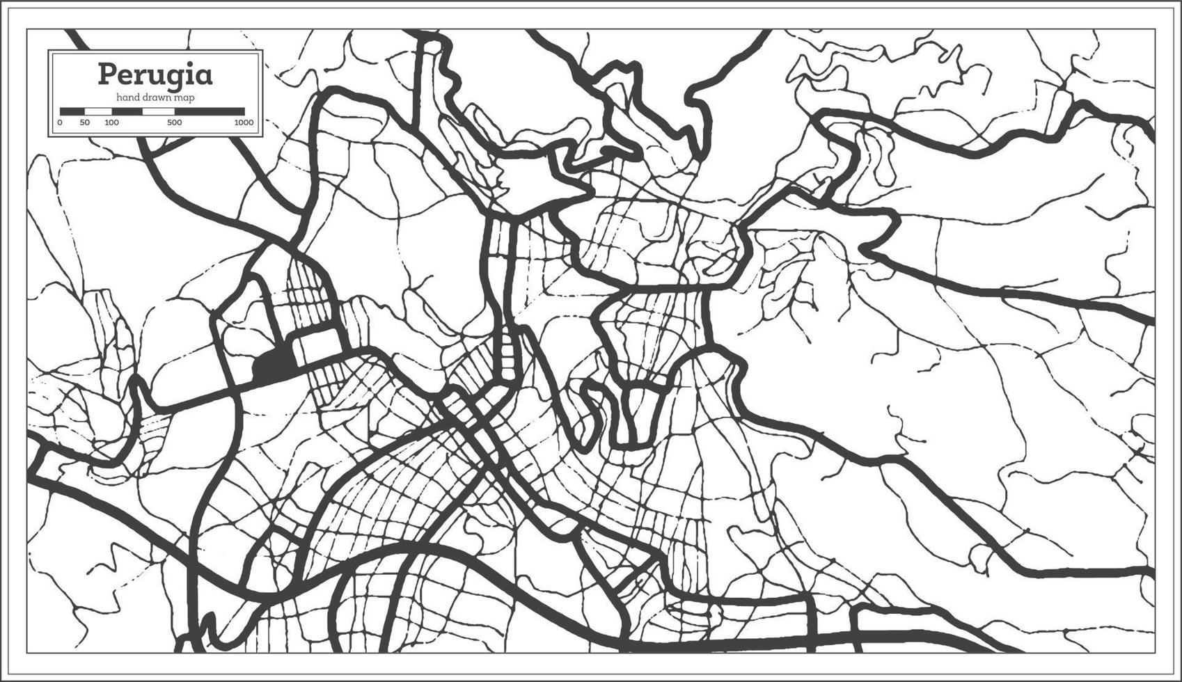 mapa de la ciudad de perugia italia en color blanco y negro en estilo retro. esquema del mapa. vector