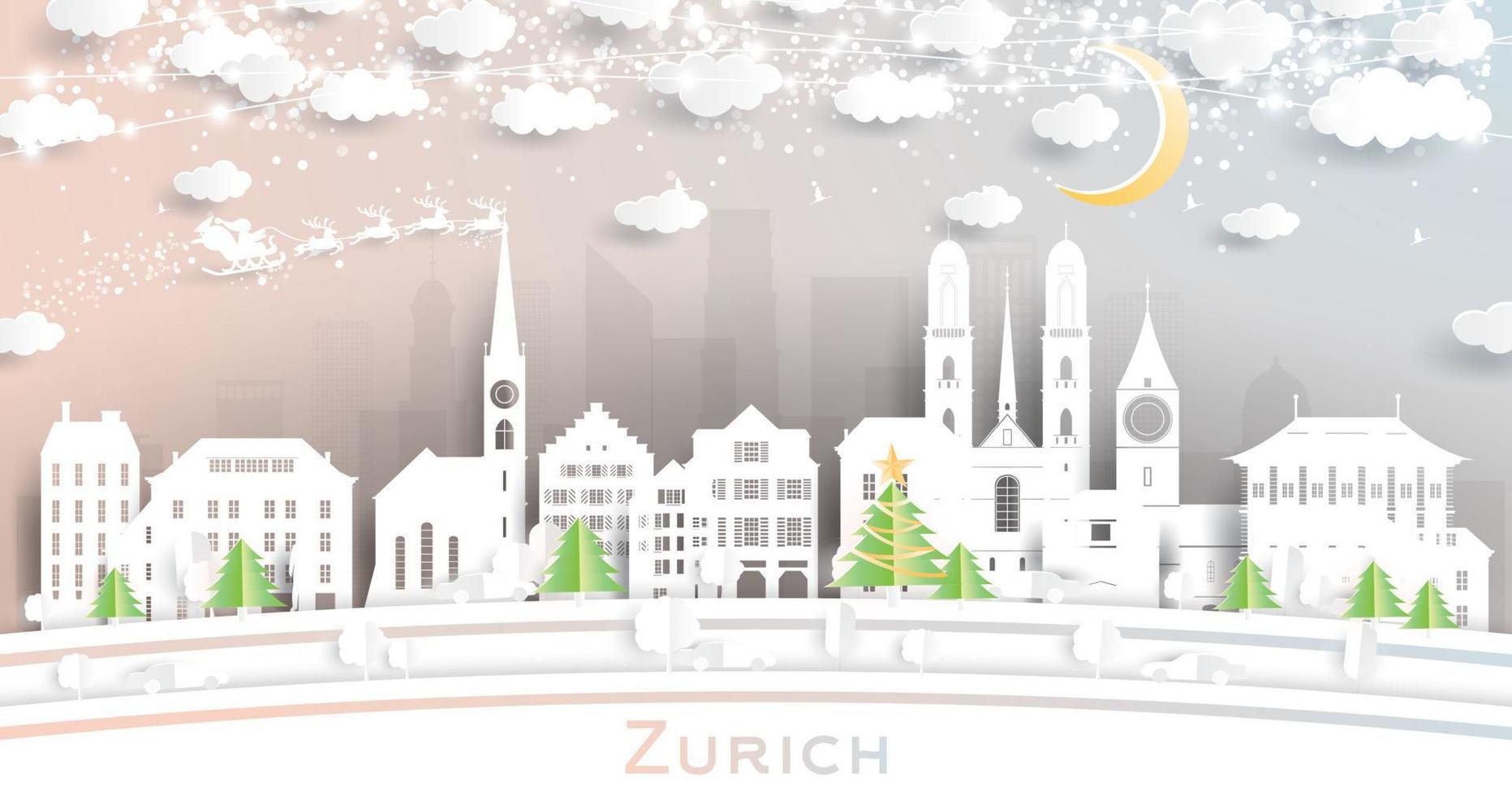 horizonte de la ciudad de zurich suiza en estilo de corte de papel con copos de nieve, luna y guirnalda de neón. vector