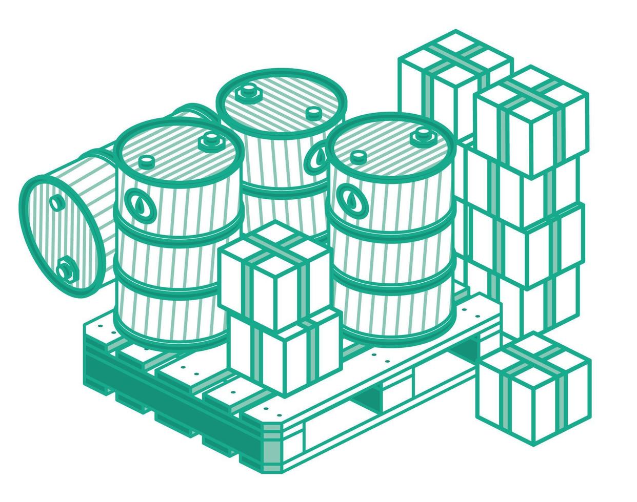 barriles de petróleo de contorno isométrico y cajas en palet de madera. vector