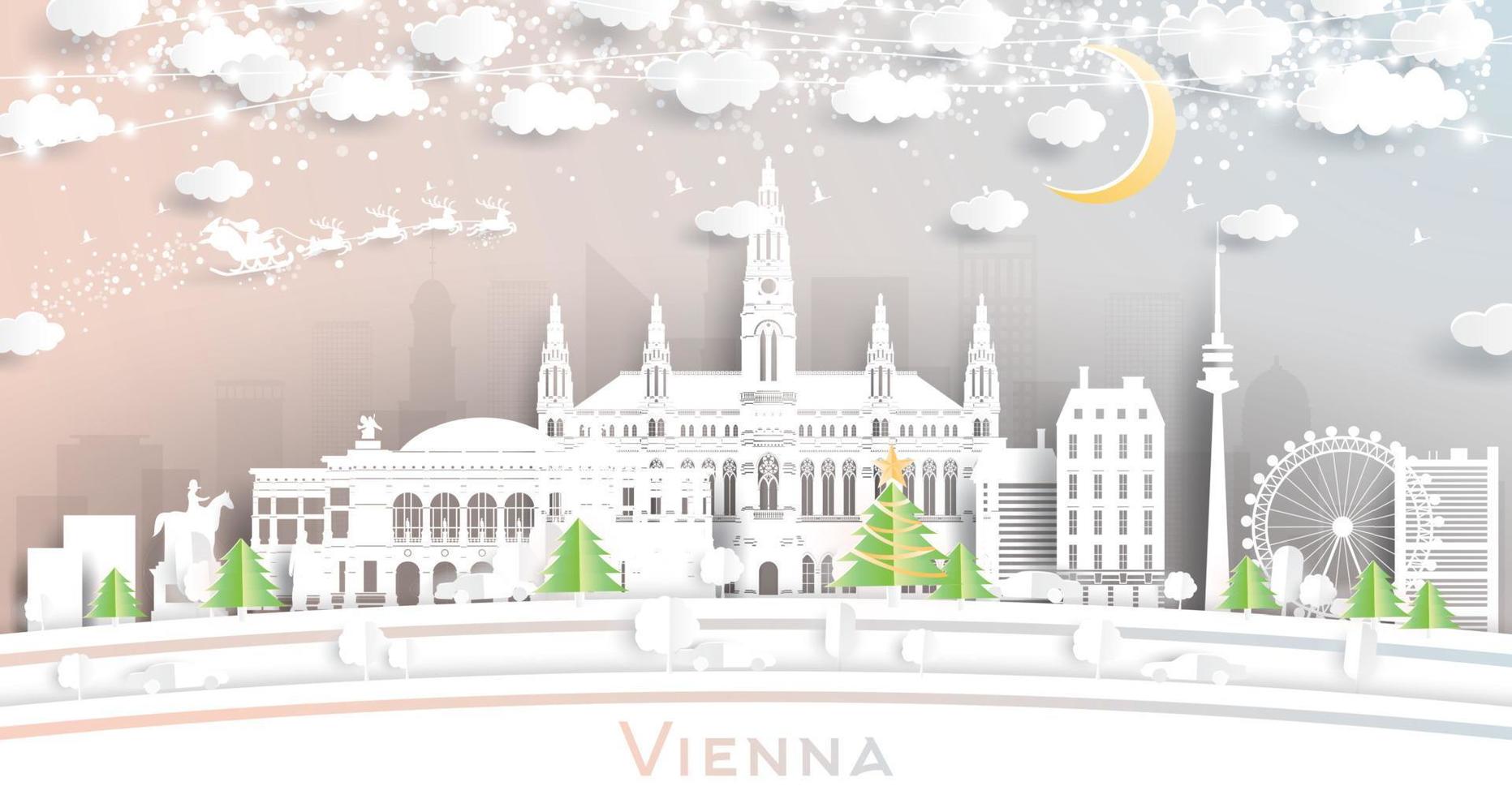 horizonte de la ciudad de viena austria en estilo de corte de papel con copos de nieve, luna y guirnalda de neón. vector