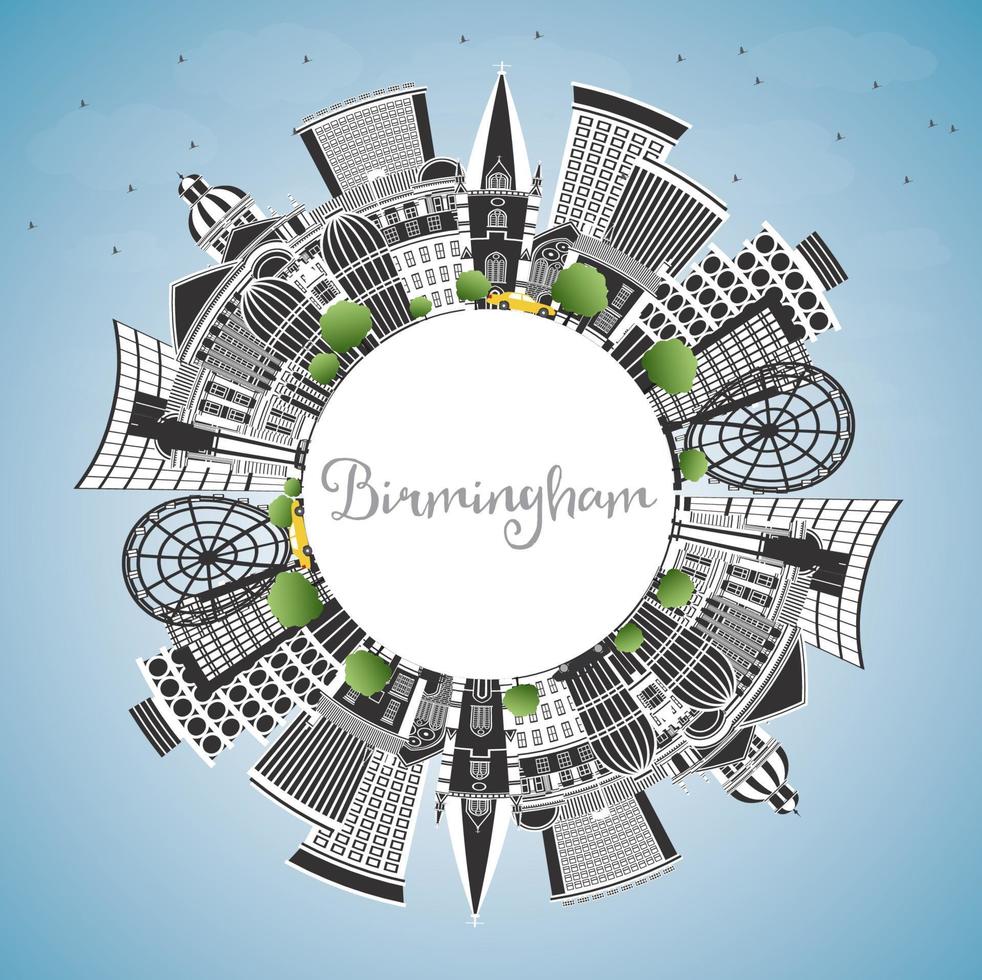 Birmingham UK City Skyline with Color Buildings, Blue Sky and Copy Space. vector