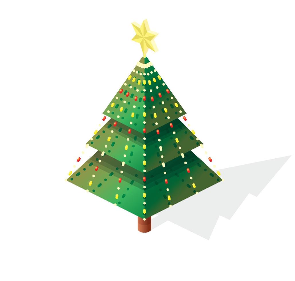 árbol de navidad isométrico con estrella amarilla. icono aislado en blanco. vector
