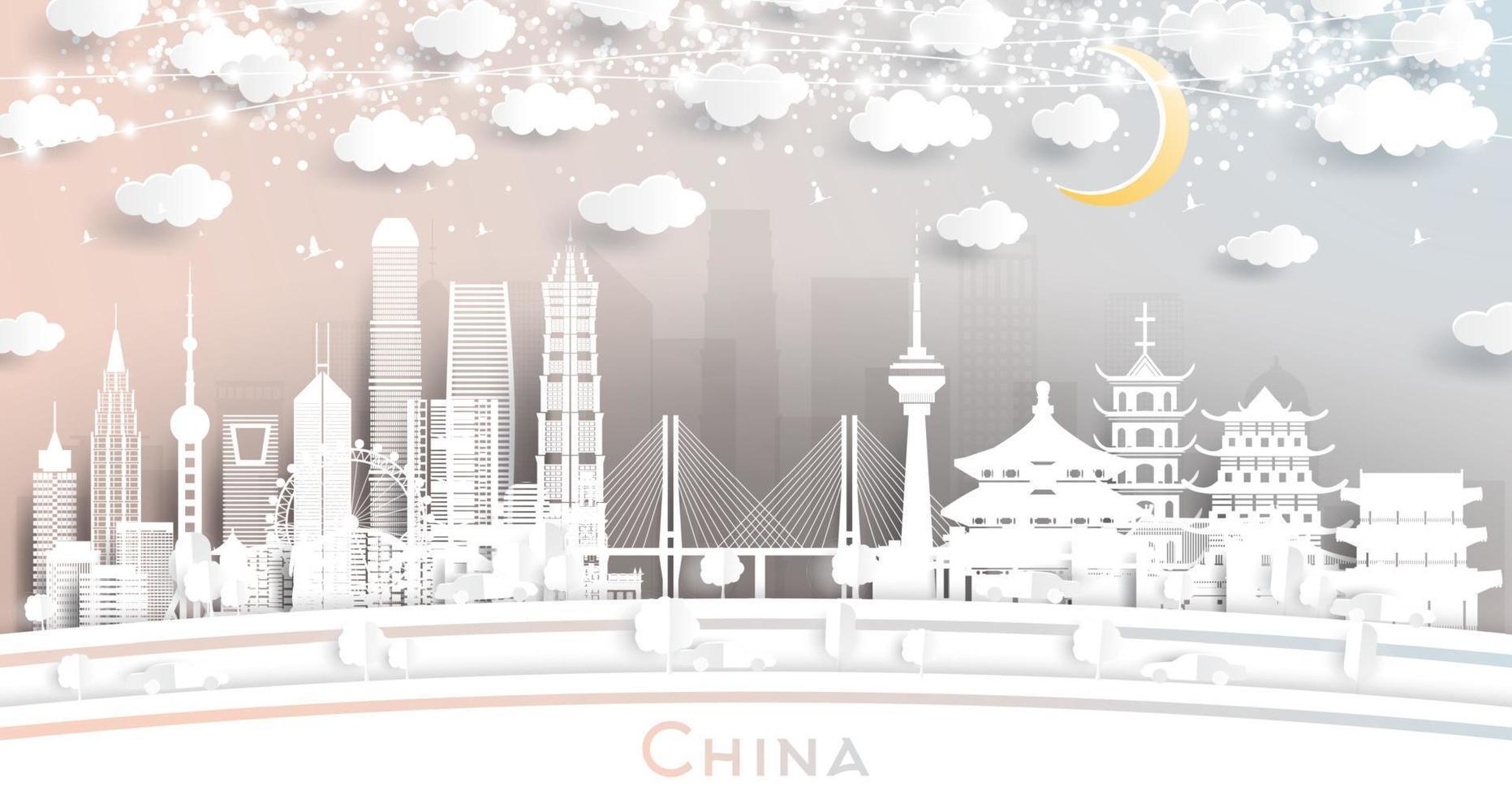 China City Skyline in Paper Cut Style with White Buildings, Moon and Neon Garland. vector