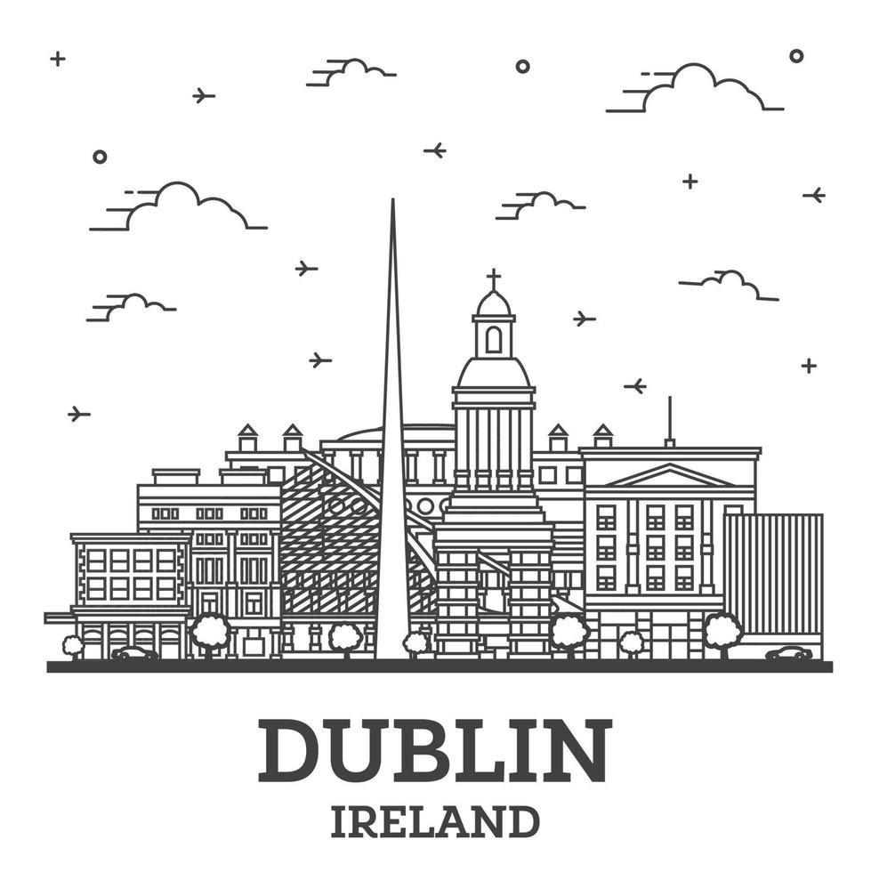 delinear el horizonte de la ciudad de dublín irlanda con edificios históricos aislados en blanco. vector