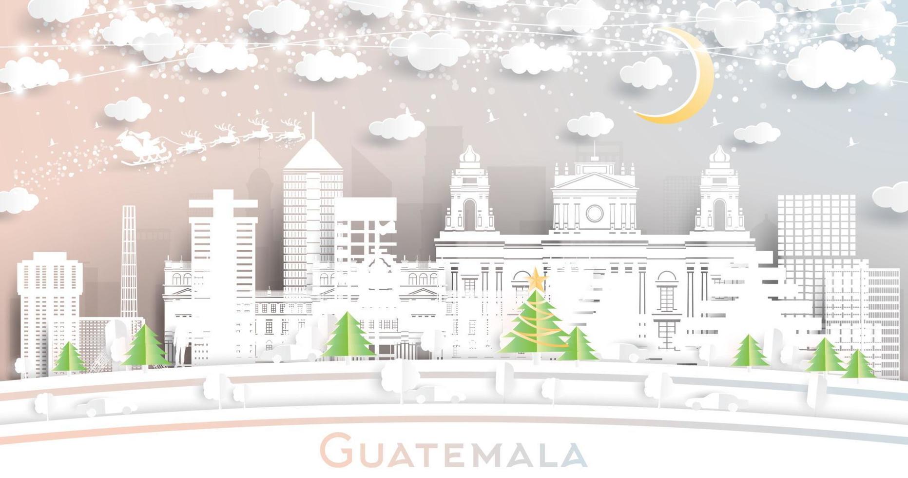 horizonte de la ciudad de guatemala en estilo de corte de papel con copos de nieve, luna y guirnalda de neón. vector