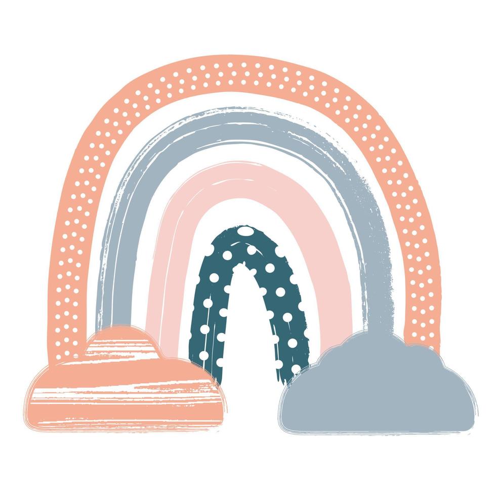 Scandinavian Boho Nursery Rainbow Print with Clouds For Playroom With Neutral Gender Colors. vector