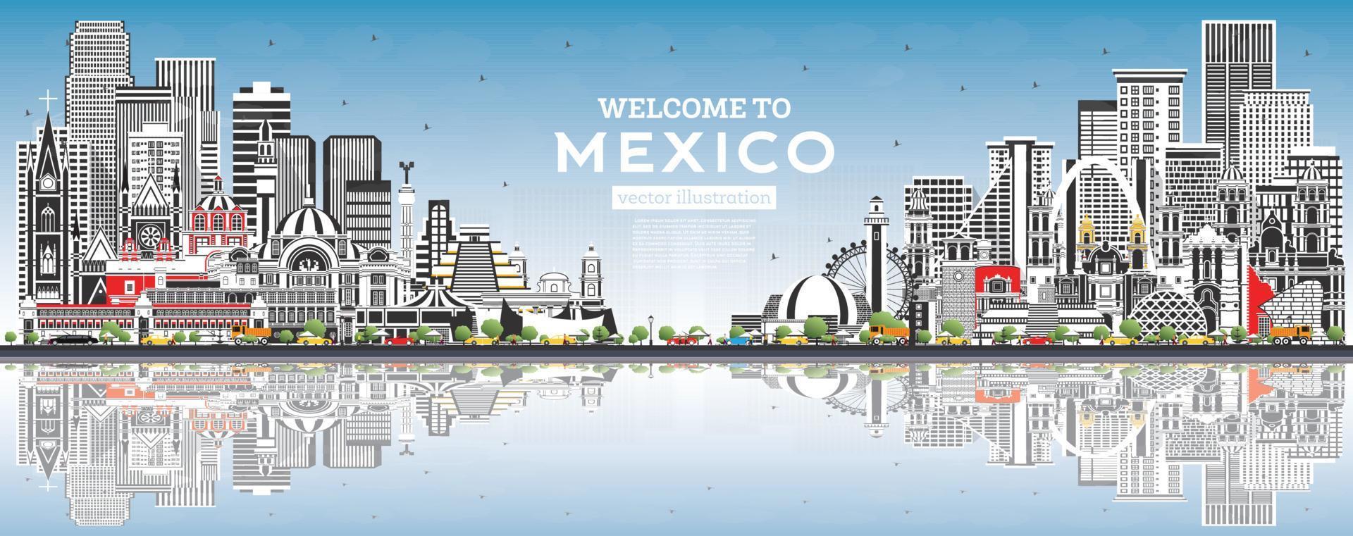 Welcome to Mexico City Skyline with Gray Buildings, Blue Sky and Reflections. vector