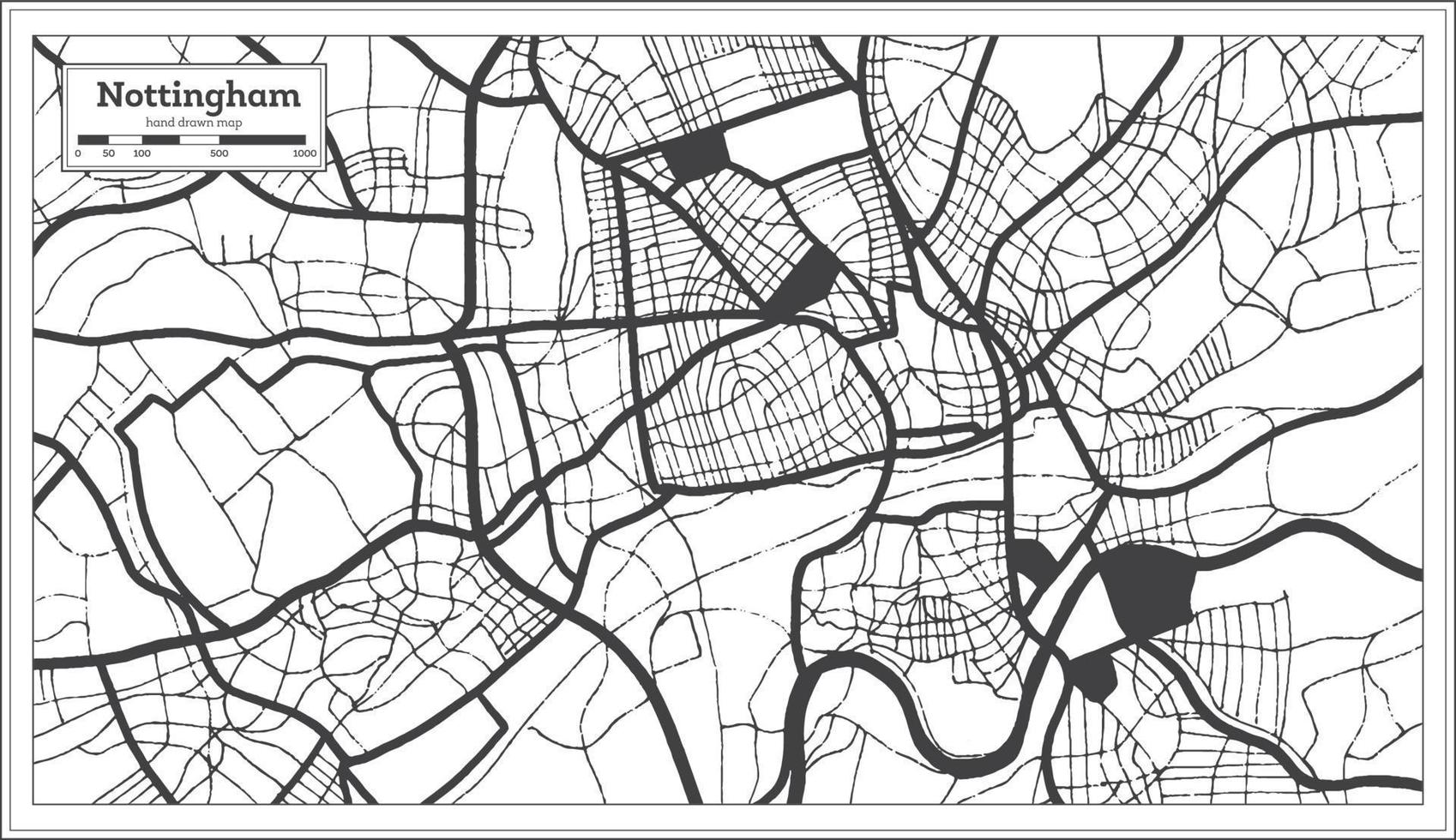 mapa de la ciudad de nottingham gran bretaña en color blanco y negro en estilo retro. esquema del mapa. vector