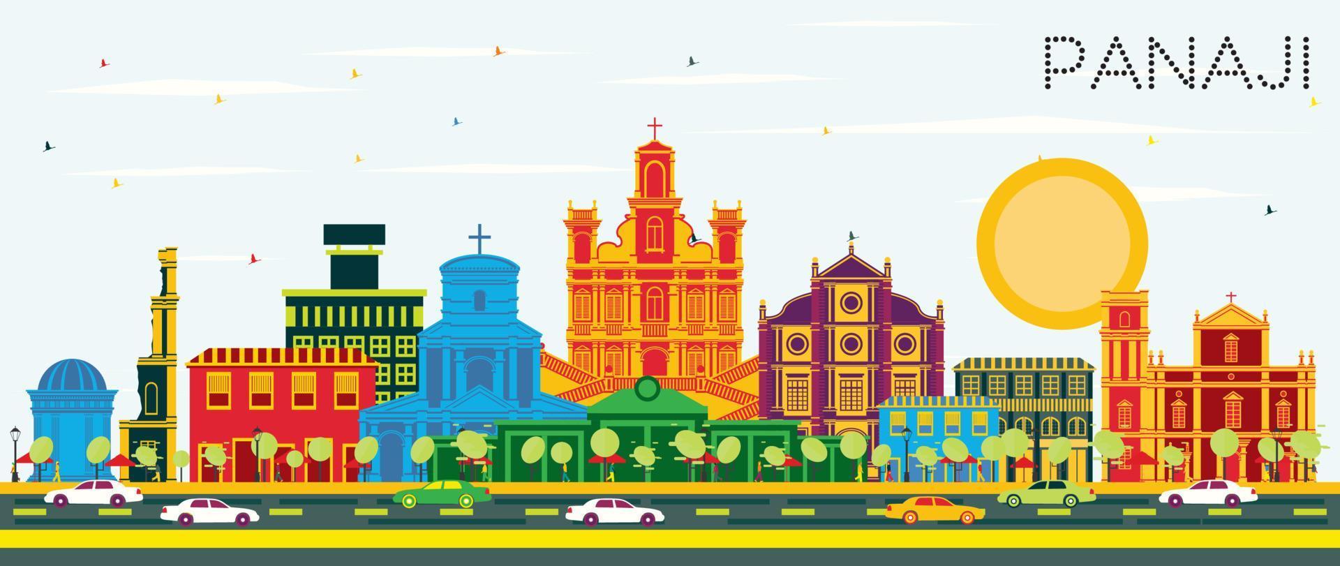 horizonte de la ciudad de panaji india con edificios de color y cielo azul. vector