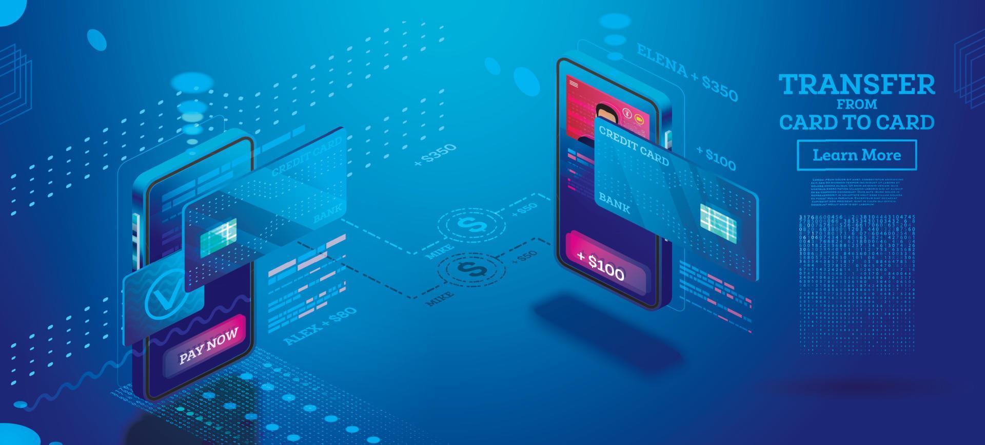 Mobile Money Transfer Isometric Concept. Online Money Transfer from Card to Card. vector