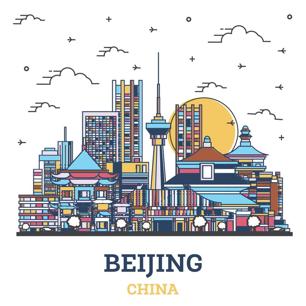 delinear el horizonte de la ciudad de beijing china con edificios históricos de colores aislados en blanco. vector